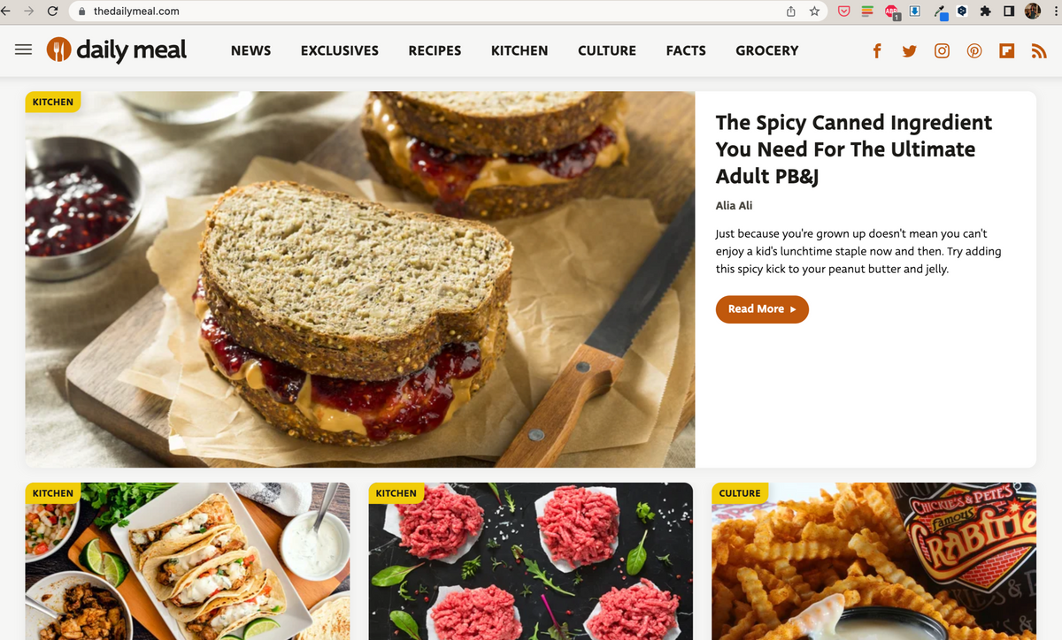 Screenshot of The Daily Meal homepage with my article as the main feature.
