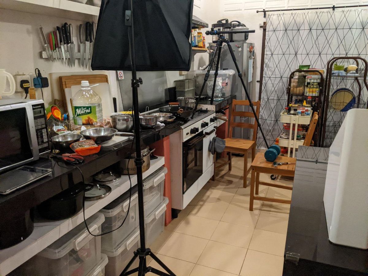 A home kitchen set up for a recipe photo shoot